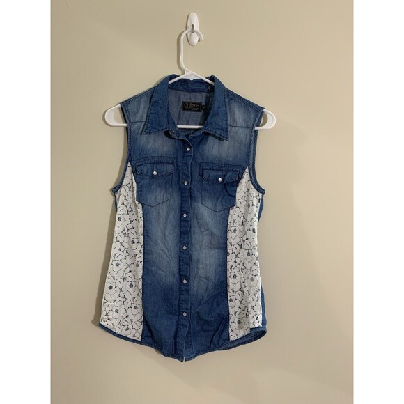 CI SONO Denim Collection Blue Snap Front Sleeveless Top Size M 100% Cotton Lace - Picture 1 of 6